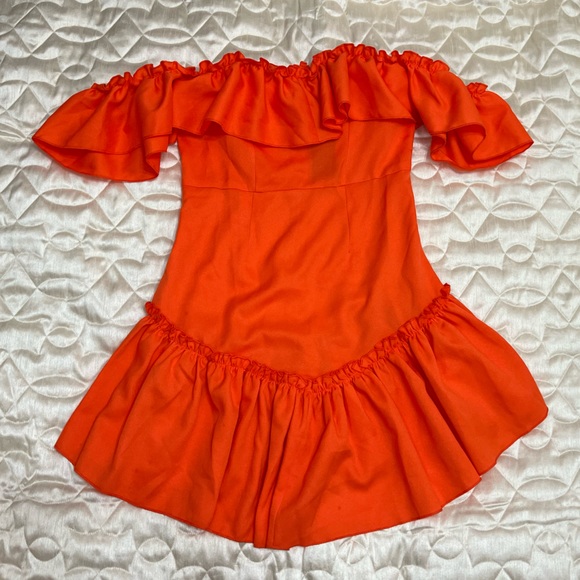 Nasty Gal Off The Shoulder Drop Frill Hem Swing Flowy Dress Size 4 US Orange - Picture 1 of 14